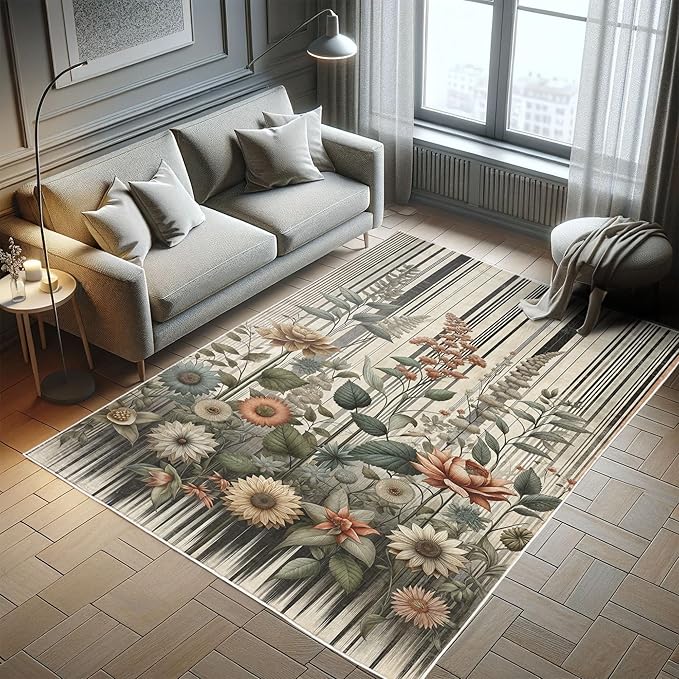 Ambesonne Botanical Decorative Rug, Nostalgic Garden Pattern with Flowers and Leaves on Retro Stripes, Quality Carpet for Bedroom Dorm and Living Room, 2' x 5', Sage Green and Salmon