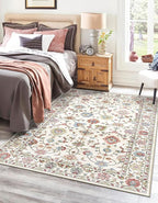 Washable Area Rug 4x6 - Traditional Floral Living Room Rug Soft Bedroom Rug Ultra-Thin Cream Colorful Vintage Farmhouse Dining Room Rugs Under Table Indoor Carpet for Living Room Office Mudroom