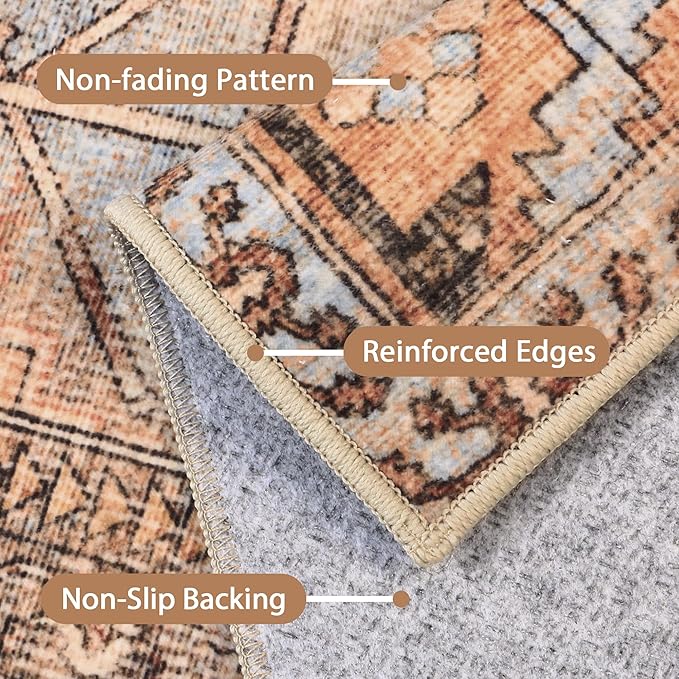 Bavni Washable Rug 5x7 Area Rug for Living Room Bedroom Dining, Washable Vintage Print Carpet, Ultra-Thin Low Pile Lightweight Rug with Non Slip Backing, Sunset Yellow