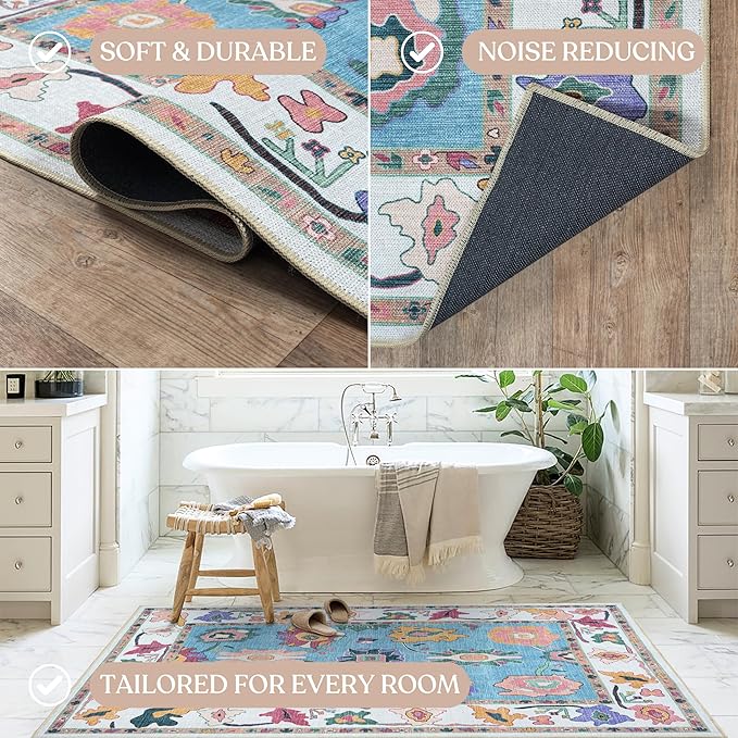 Fame Living Colorful Oushak Rug, Modern Rugs, Vintage, Turkish, Eclectic, Floral, Pastel, Washable, Small Throw, Accent Area Rug for Living Room, Bedroom, Kitchen, Bathroom, 2'5"x4'9"