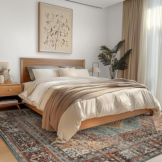 Bavni Washable Rug 4x6 Area Rug for Living Room Bedroom Dining, Washable Print Carpet, Low Pile Lightweight Rug with Non Slip Backing, Vintage Brown/Blue