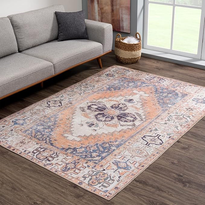 Bloom Rugs Washable 4' x 6' Rug - Orange/Blue/Beige Traditional Area Rug for Living Room, Bedroom, Dining Room, and Kitchen - Exact Size: 4' x 6'