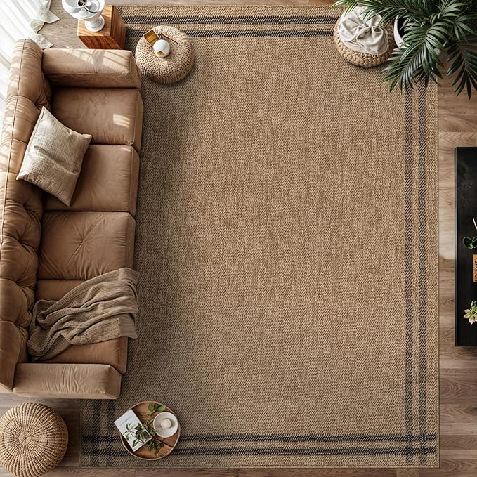 Easy Jute Rugs 9x12 Bordered Natural Color Living Room Indoor Outdoor Area Rug for Patio and Kitchen Rug High Traffic Washable Easy to Clean Solid Boho Woven Design Outside Carpet (9 x 12)
