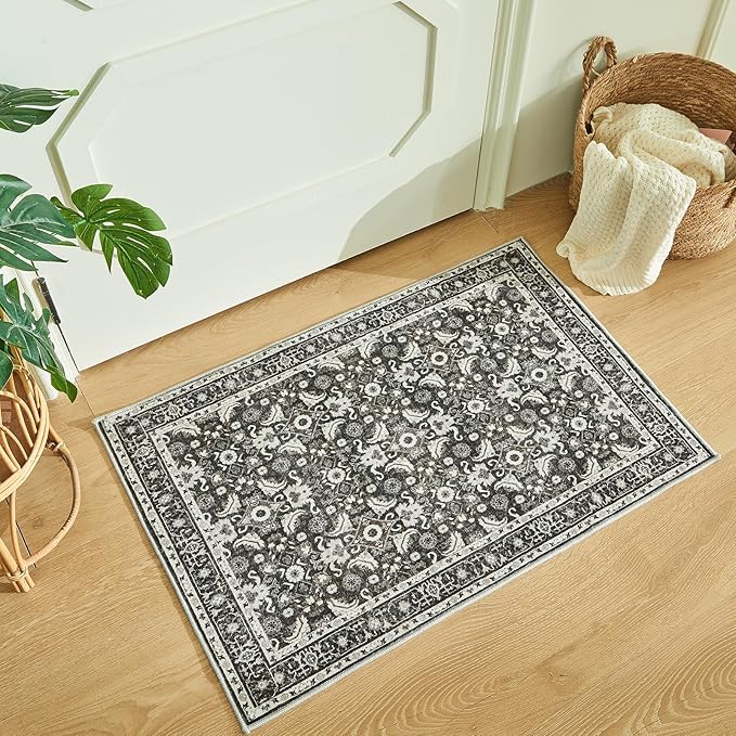 WITSHOCK Washable 2x3 Entryway Area Rug: Soft Non-Slip Backing Washable Rugs Vintage Flower Boho Accent Small Rugs for Bedroom, Kitchen, Bathroom, Nursery Entrance,Black