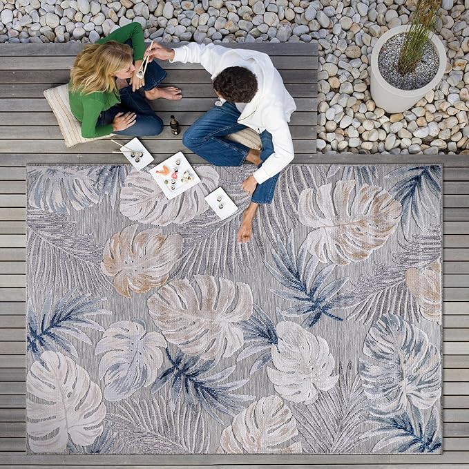 CAMILSON Indoor Outdoor Rug, Blue 10’x14’ Leaf Tropical Botanical Area Rugs for Indoor and Outdoor patios, Easy-Cleaning Non-Shedding Living Room, Garden and Kitchen Washable Outside Carpet (10x14)