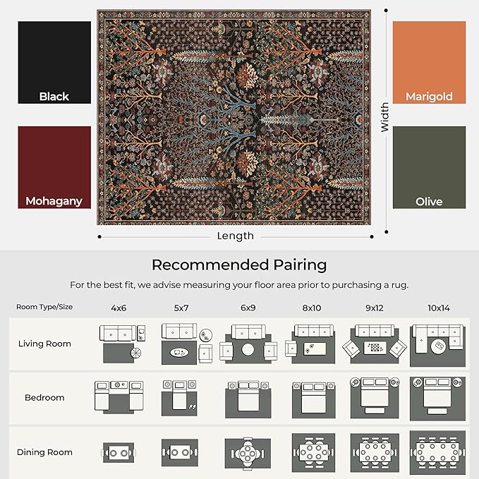 Kokia Boho Vintage Floral Area Rugs, Washable Oriental Botanical Rugs for Living Room, Bedroom, Dining Room, Office, Large Soft Indoor Area Rug, Wild Black，8x10
