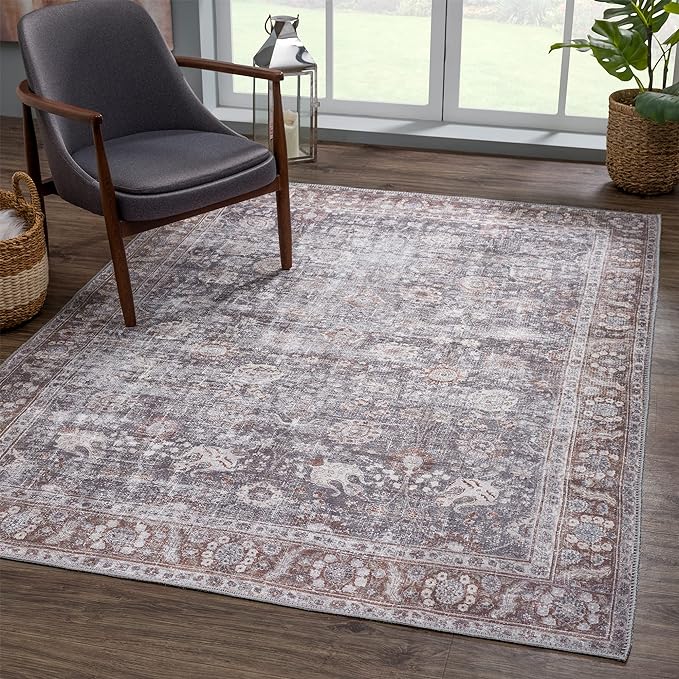 Bloom Rugs Washable 5' x 7' Rug - Brown/Dark Gray Traditional Area Rug for Living Room, Bedroom, Dining Room, and Kitchen - Exact Size: 5' x 7'