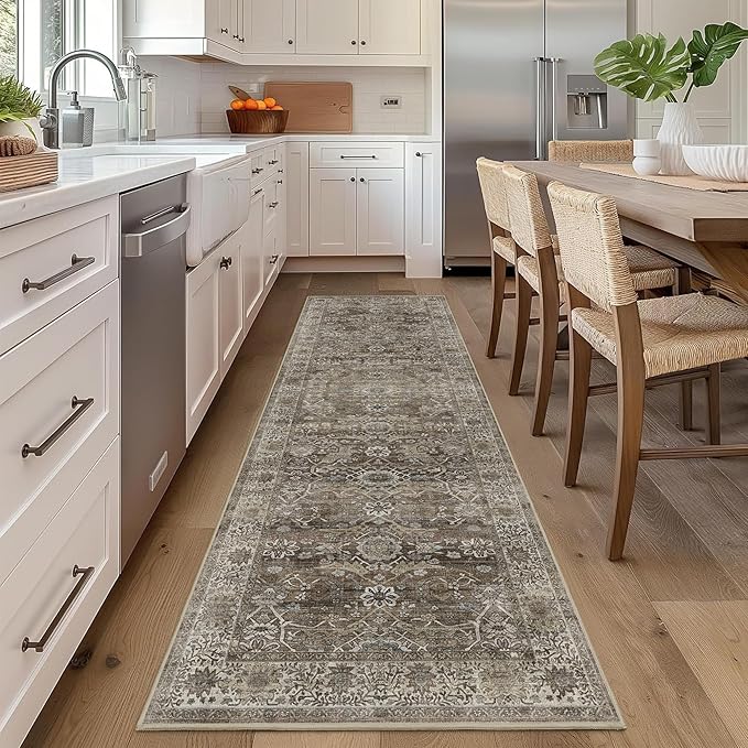 2x6 Runner Rug Grey Brown Vintage Washable Runner Rugs for Hallway Kitchen Low Pile Non-Slip Retro Distressed Accent Throw Carpet for Entryway Bathroom Bedroom Antique/Moss