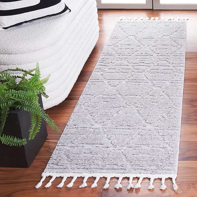 SAFAVIEH Marrakesh Collection Runner Rug - 2'2" x 12', Grey, Moroccan Boho Tribal Tassel Design, Non-Shedding & Easy Care, Ideal for High Traffic Areas in Living Room, Bedroom (MRK517F)