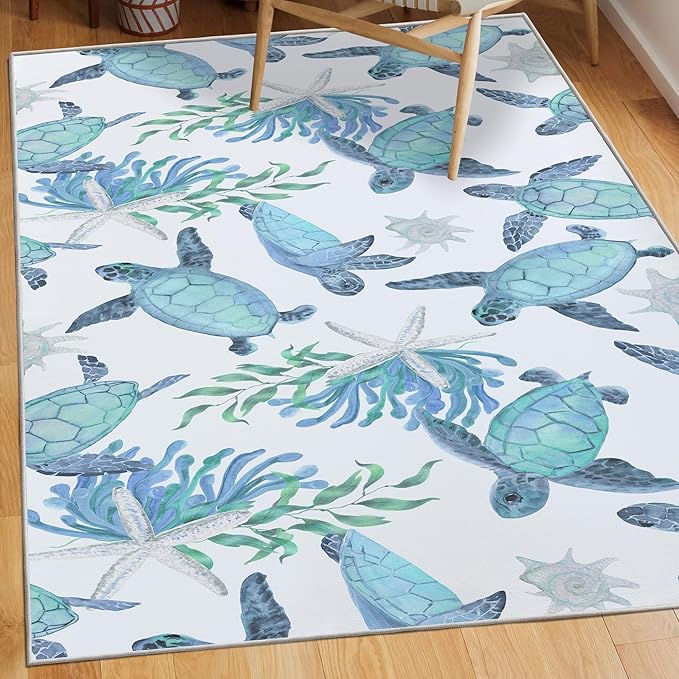 Tritard Coastal Sea Turtles Area Rugs Beach Themed Nautical Starfish Coral Accent Rugs Non-Slip Sea Marine Life Rugs Floor Carpet for Living Room Bedroom, Teal, 5x7 Feet
