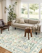 Wonnitar Boho Floral Washable Rugs 5x7, Soft Area Rugs for Bedroom, Ultra-Thin Non Slip Beige Area Carpets, Flower Print Decor Carpet for Living Room Nursery Dining Room Office