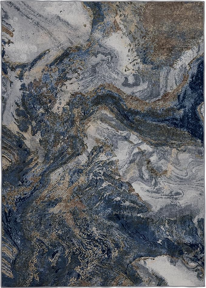 Modern Washable Rug for Living Room: Abstract 6x9 Area Rugs for Bedroom Low Pile Non Slip - Stain Resistant Carpet for Dining Room Indoor - Blue Gold