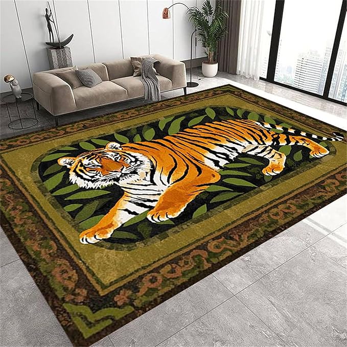 Tiger Area Rug,4x6ft, Tiger Print Rug,Tiger Themed Stylish Rug, Bohemian Vintage Tiger Print Rug, Non-Slip Washable Rug for Living Room Bedroom Dining Room Kids Room Decoration