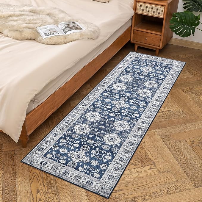 VK VK·LIVING Machine Washable Rug 2'x6' Vintage Design Washable Runner Area Rugs with Non Slip Rugs for Living Room Bedroom Traditional Woven Carpet Stain Resistant Dining Office Boho Rug, (Navy)