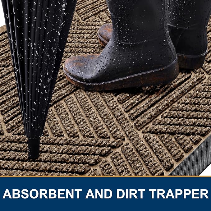 Kitinjoy Front Door Mat Outside Entrance, Sturdy Natural Dirt Trapper, Heavy Duty Rubber Doormat, Low Profile Non-Slip Backing, Easy Clean Floor Mat for Indoor Outdoor Entry, 29.5X17 Inch, Brown