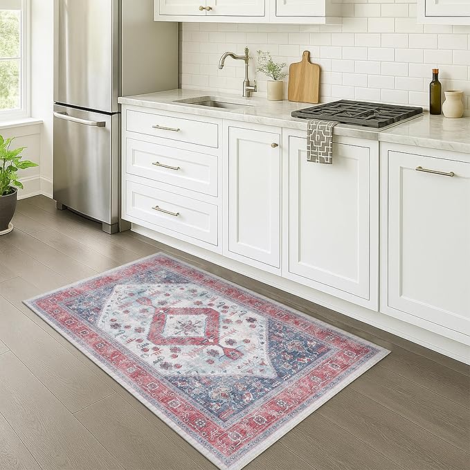 Fame Rugs Turkish Rug. Washable Vintage Oriental Antique Inspired Traditional Doormat Small Modern Area Rugs Luxury Entryway Entry Bedroom Bathroom Kitchen (402RN, 2'5 x 9'8)