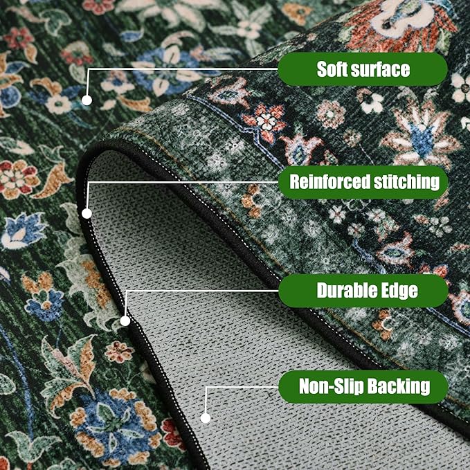 9x12 Rugs for Bedroom, Vintage Washable Rugs Non Slip Large Area Rug for Living Room Dining Room Office, Floor Decoration Big Rug Carpet Low-Pile Kid & Pet Friendly(Dark Green