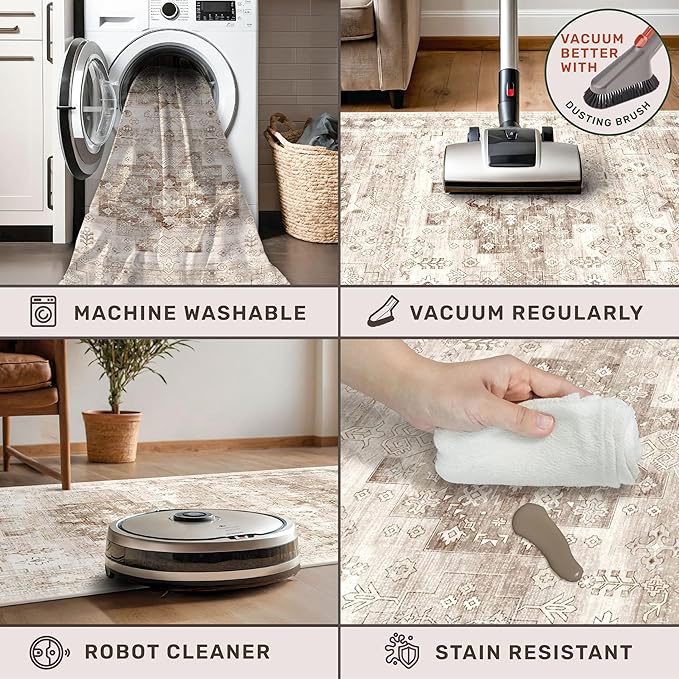 Boho Long Bathroom Runner Rug 24 x 72 Washable Non Slip - Soft Stain Reistant Rugs for Kitchen, Laundry Room, Hallway Runner - Neutral Floral Design Décor (2x6 Beige/Latte)