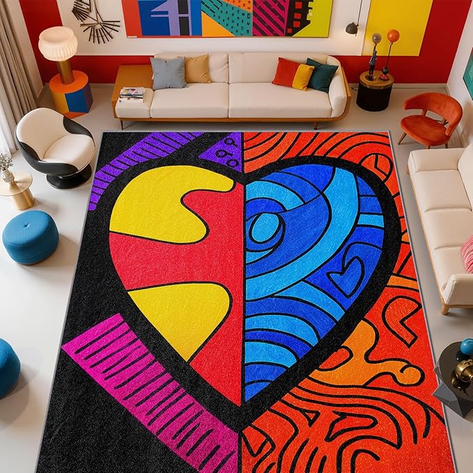 Abstract Rugs for Bedroom - Colorful Pop Art Area Rug 5x8, Hippie Aesthetic Funky High Traffic Anti Slip Carpets Home Decor #C125