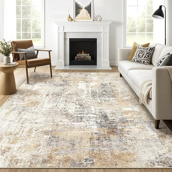 7x7 Area Rugs Living Room: Large Washable Abstract Modern Soft Rug Stain Resistant Indoor Floor Non-Slip Accent Carpet for Bedroom Nursery Playroom Dining Room Office Dorm Home Decor- Gray Gold