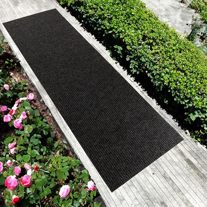 English Home Custom Size Non Slip Striped Design Durable Anti Slip Back Tough Pile Runner Rug for Hallway, Outdoor, Indoor, Commercial, Residential, Pool, Office (Dark Gray, 26" x 13')