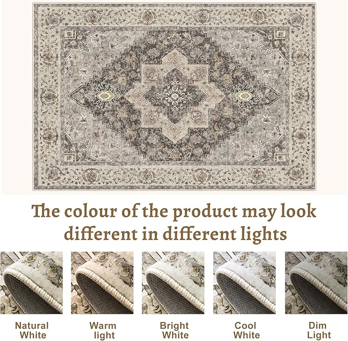 Tangsoo Vintage Round Rug 5ft, Washable Circle Rug, Non Slip Boho Round Area Rug, Low Pile Circular Rugs, Round Carpet for Bedroom,Livingroom,Nursery,Dorm,Office,Grey/Multi