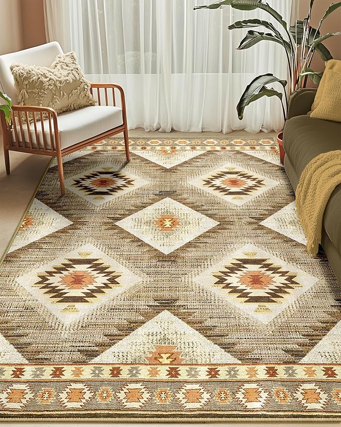 Area Rug 4x6 Rug Machine Washable Non-Slip Low Pile Print Pattern Western Rug for Living Room Bedroom Entryway Tribal Series -Cream/Camel