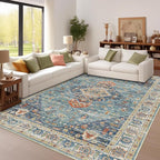 Enkor Area Soft Rugs 9x12 Washable Non Slip Boho Floor Rugs for Living Room Bedroom, Vintage Style Farmhouse Mat for Kitchen Entryway Green & Blue