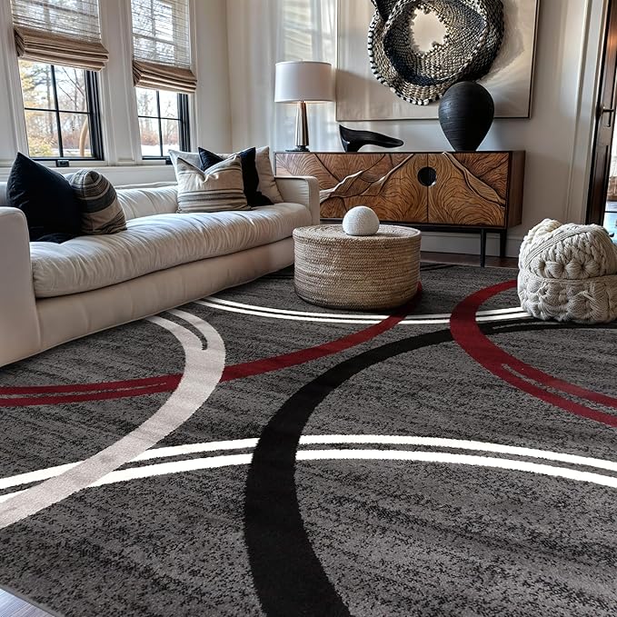 Rugshop Modern Wavy Circles Design Non-Shedding Area Rug, Carpet for Living Room or Dining Room, Red, 6'6" x 9'