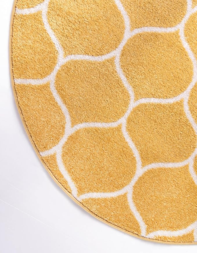 Rugs.com Lattice Frieze Collection Rug – 8' Round Yellow Medium Rug Perfect for Kitchens, Dining Rooms