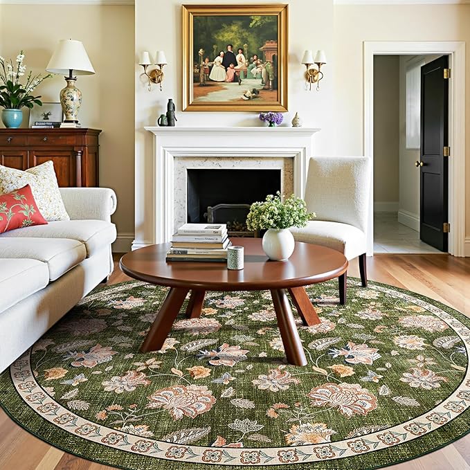 jinchan Elora 7ft Floral Round Rug for Dining Room Washable Living Room Rug Vintage Romance Design Non Slip Indoor Floor Cover Lightweight Low-Profile Throw Carpet for Bedroom Porch Patio, Green