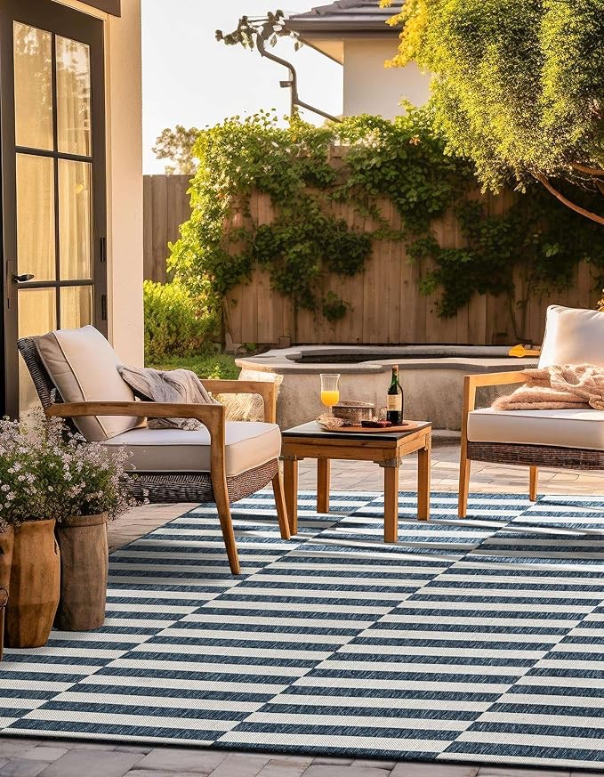 Unique Loom Outdoor Striped Collection Area Rug - Striped (7' 10" Square Blue/Ivory)
