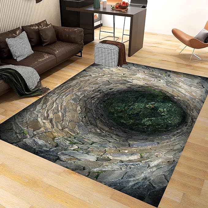 3D Hole Area Rug for Bedroom, 3x4ft, Visual Illusion Stone Cave Trap Design Home Decorative Rugs, Breathable Anti Skid Dirty Resistant Washable Soft Large Carpets for Family Indoor