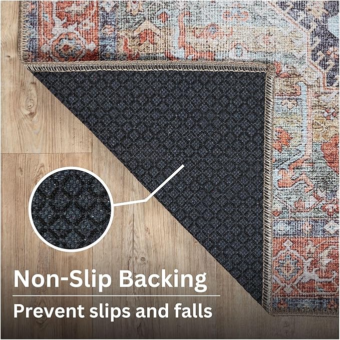 Bloom Rugs Washable Non-Slip 7 ft Runner - Terracotta/Blue Traditional Medallion Runner for Entryway, Hallway, Bathroom, and Kitchen - Exact Size: 2.5' x 7'