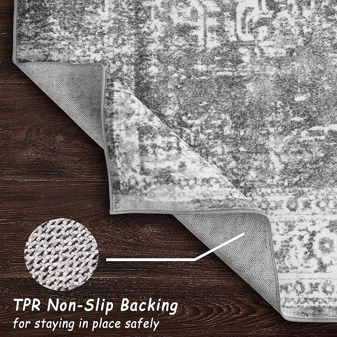 vivorug 5x7 Area Rugs, Stain Resistant Washable Rug for Living Room, Vintage-Inspired Grey Rug