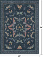 5x7 Navy Blue Boho Rugs for Living Room, Stain Resistant Non Slip Area Rug for Dining Room, Whimsical Bedroom Insect Carpet, Dark Vintage Décor Indoor, Low Pile & Soft