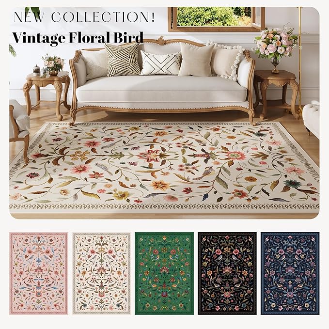 Vintage Medallion Floral Area Rugs 8x10 Clearance, Machine Washable Non-Slip, Low Pile Soft Large Carpet for Living Room, Bedroom, Dining Room, Farmhouse, Kids Playroom, Office | Beige