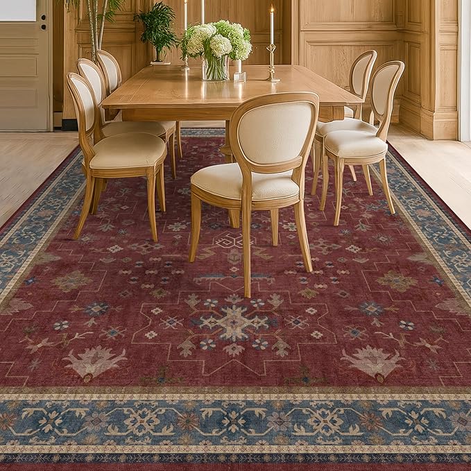 Oriental 7x10 Large Area Rugs for Bedroom Under Bed - Burgundy Rug for Living Room, Dining Room Under Kitchen Table, Washable Soft Non Slip Boho Indoor Décor