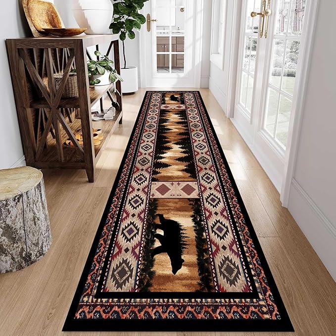 Rustic Cabin Bear Runner Rug, 2x7ft, Native American Long Runner Rug, Wildlife Black Bear Forest Hallway Rug, Vintage Brown Non-Slip Washable Southwestern Style Rug for Entry Kitchen