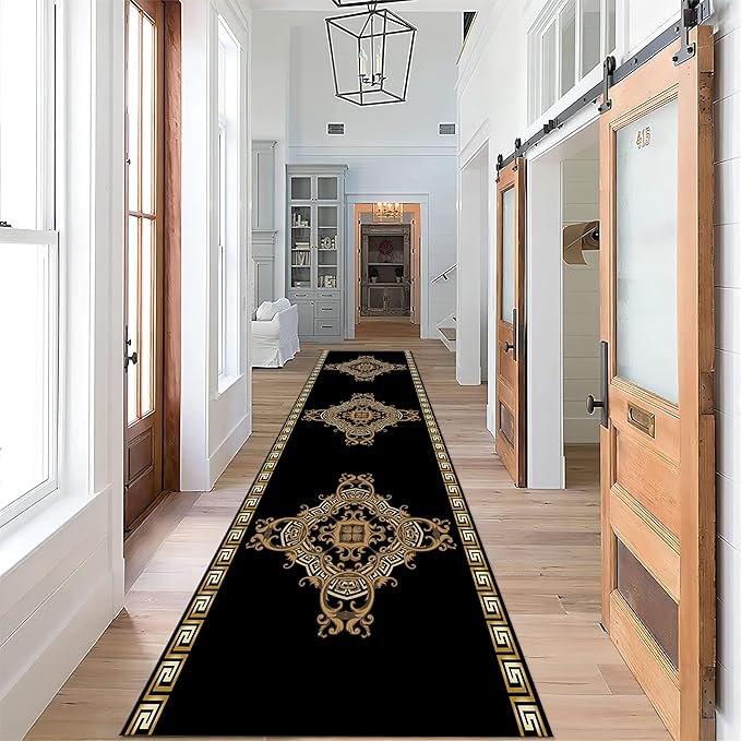 Vintage Baroque Art Long Hallway Rugs Runners, 2x8ft, Luxury European Geometric Living Room Rug, Gold Greek Meandering Soft Washable Mats, Shed Resistant Pet Friendly Carpet for Indoor