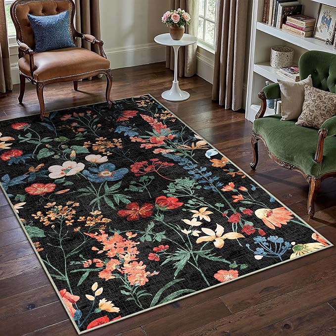 Black Area Rug 3x5 Office Floral Boho Door Mat Indoor Washable Kitchen Carpet Non Slip Bedroom Low Pile Lightweight Soft Throw Rug for Living Dining Room Bathroom