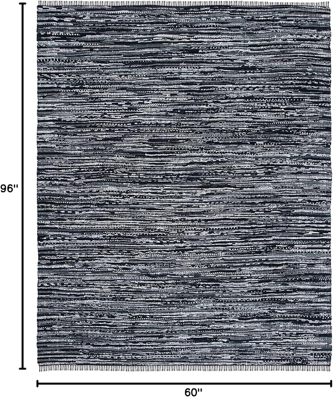 SAFAVIEH Rag Rug Collection Area Rug - 5' x 8', Black, Handmade Boho Stripe Cotton, Ideal for High Traffic Areas in Living Room, Bedroom (RAR121Z)