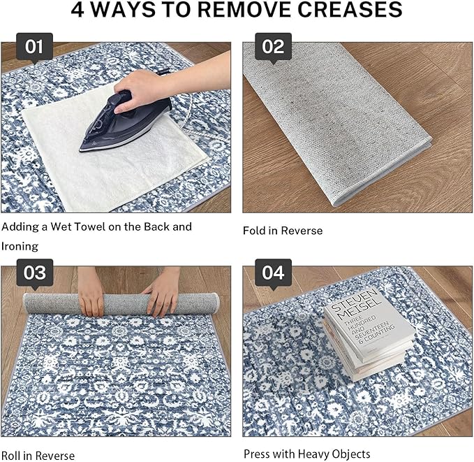 Vintage Floral 2.6x8 Runner Rug, Light Blue White Washable Kitchen Runner Rug Non-Slip Hallway Rug Runner Thin Printed Faux Wool Super Soft Carpet for Entryway Bedroom Laundry Room Indoor