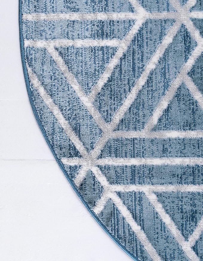 Rugs.com Lattice Trellis Collection Rug – 5 Ft Round Blue Low-Pile Rug Perfect for Kitchens, Dining Rooms