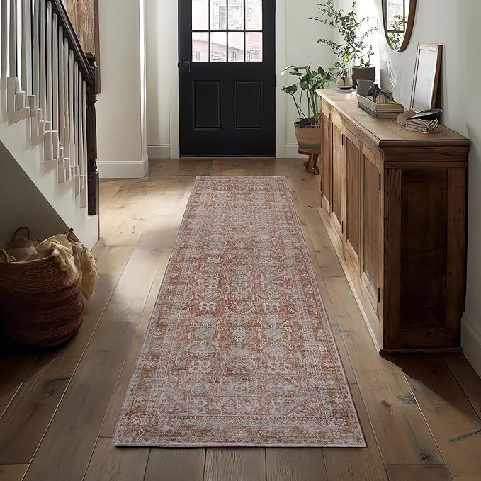Kuden 2'6"x7' Runner Rug, Machine Washable Area Rug with Non-Slip Backing, Vintage Style, Soft, Easy Clean, Low Pile Rug for Hallway, Entryway, Kitchen, Bedroom