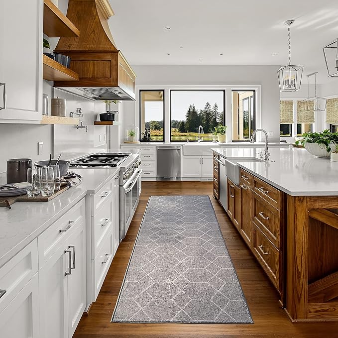 Custom Made Runner Rug for Kitchen Foyer Hallway Entry Choose Your Length Size 26 Inch Wide Geometric Lattice Design Grey Color (2 feet x 26 inch)