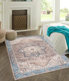 GLN Rugs Traditional Collection - Machine Washable Area Rug, Traditional Washable, Non Slip, Low Pile Chenille Rug, Living Room, Bedroom, Kitchen Rug (4' x 6' Brown/Blue)