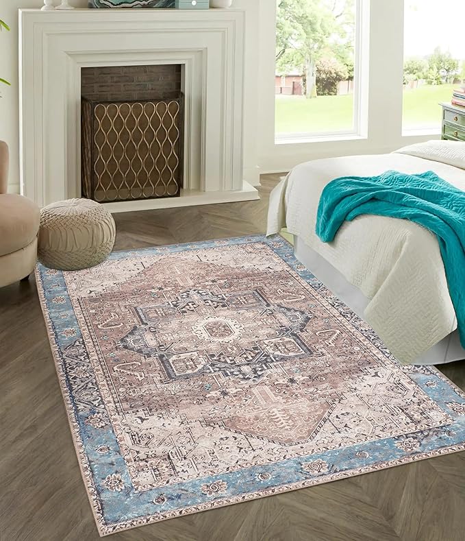 GLN Rugs Traditional Collection - Machine Washable Area Rug, Traditional Washable, Non Slip, Low Pile Chenille Rug, Living Room, Bedroom, Kitchen Rug (5' x 7' Brown/Blue)