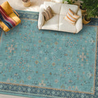 Teal 7x10 Large Rug for Living Room, Washable Soft Area Rugs for Bedroom Under Bed, Dining Room, Floral Pattern Vintage Turquoise Décor Indoor, Non Slip Low Pile & Soft Carpet