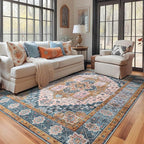 YJ.GWL Area Rugs for Living Room 4x6 Machine Washable Rugs for Bedroom, Non Slip Floral Vintage Rug Indoor Carpet, Stain Resistant Throw Rug for Dining Room Kitchen, Brown Blue